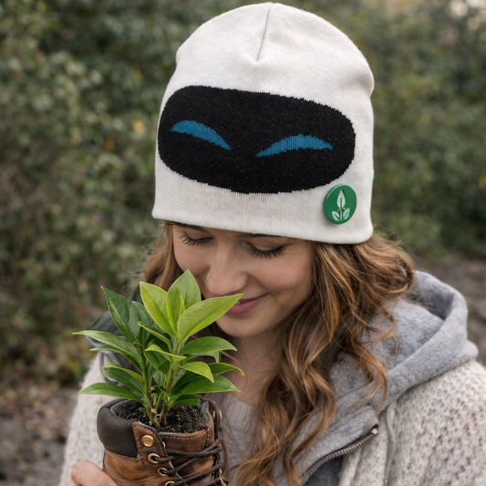 Person holding a potted plant in a boot, wearing a white beanie with a logo.