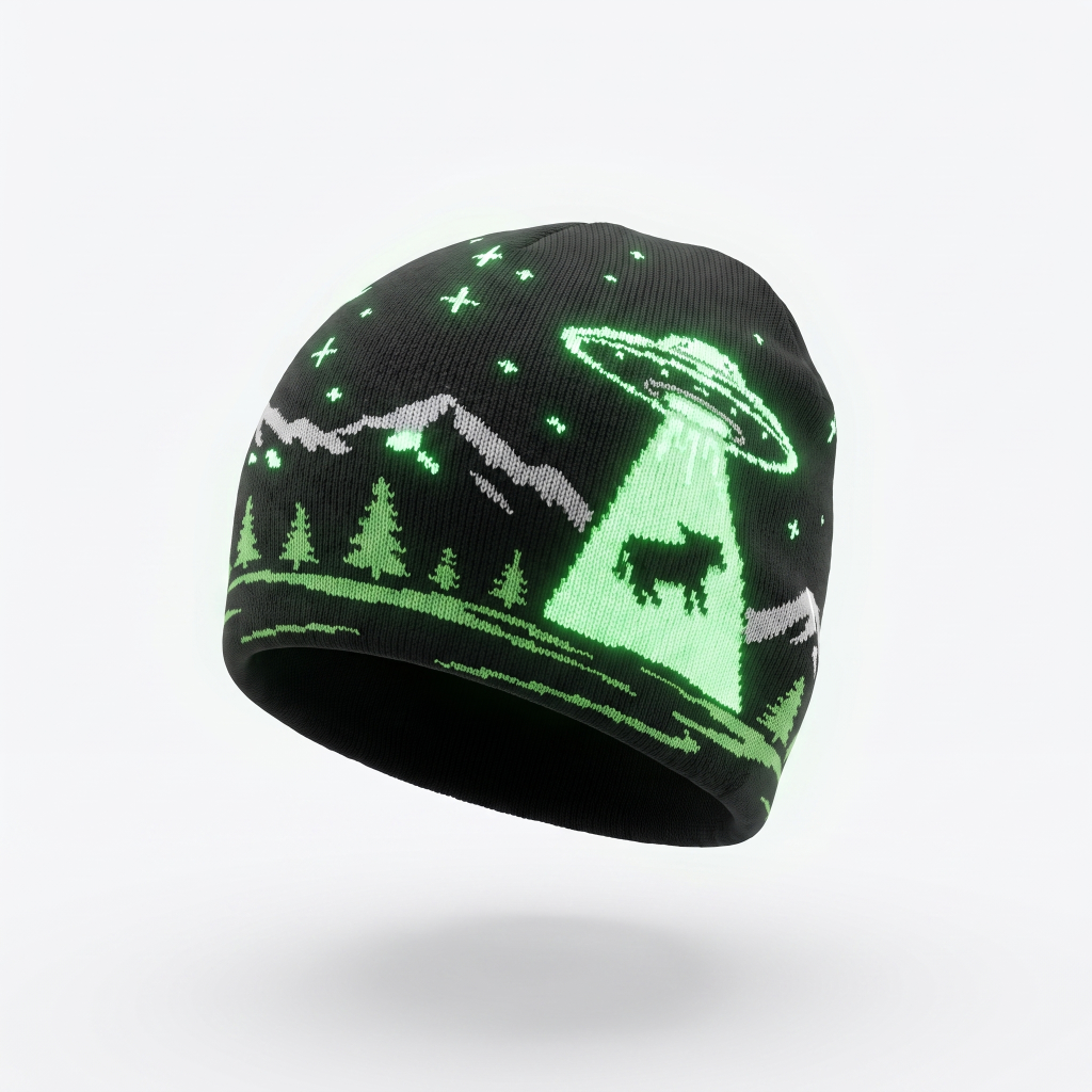 A black knit beanie hat featuring a glowing green and gray graphic of a UFO, mountain peaks, pine trees, and stars, shown against a light gray background.