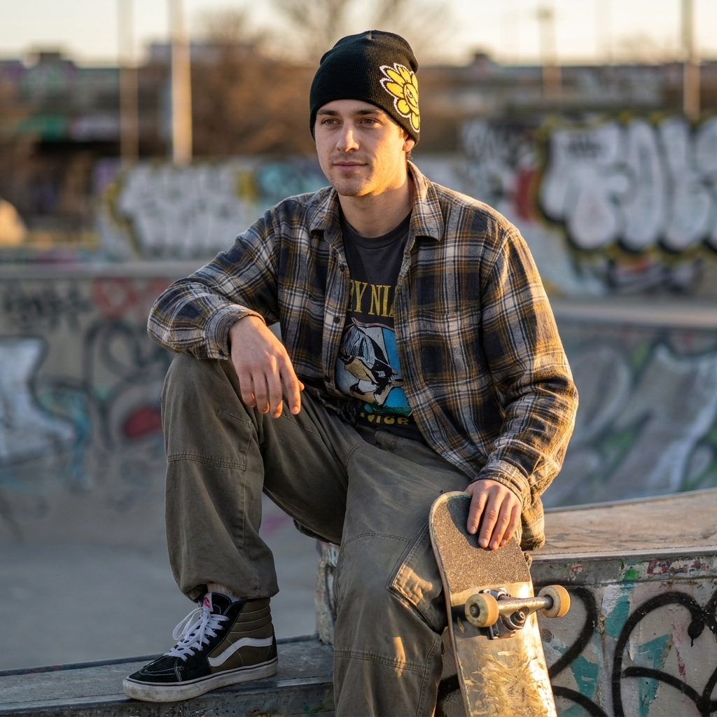 Person sitting with a skateboard in front of a graffiti-covered wall