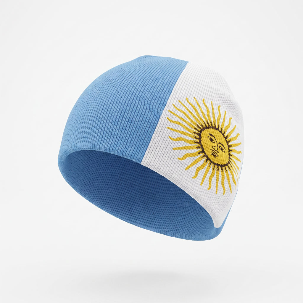 A knit beanie hat featuring the light blue and white vertical stripes of the Argentina flag with the yellow Sun of May emblem on the white side, shown on a clean white background.