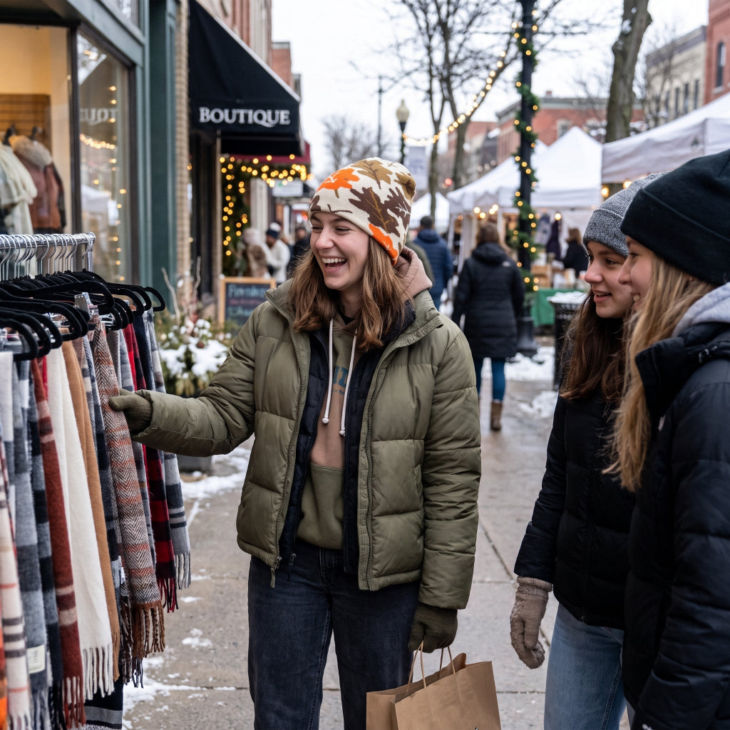 A woman in an olive green puffer jacket and a patterned beanie smiles while browsing scarves on a display rack at an outdoor winter street market, with two other shoppers beside her.