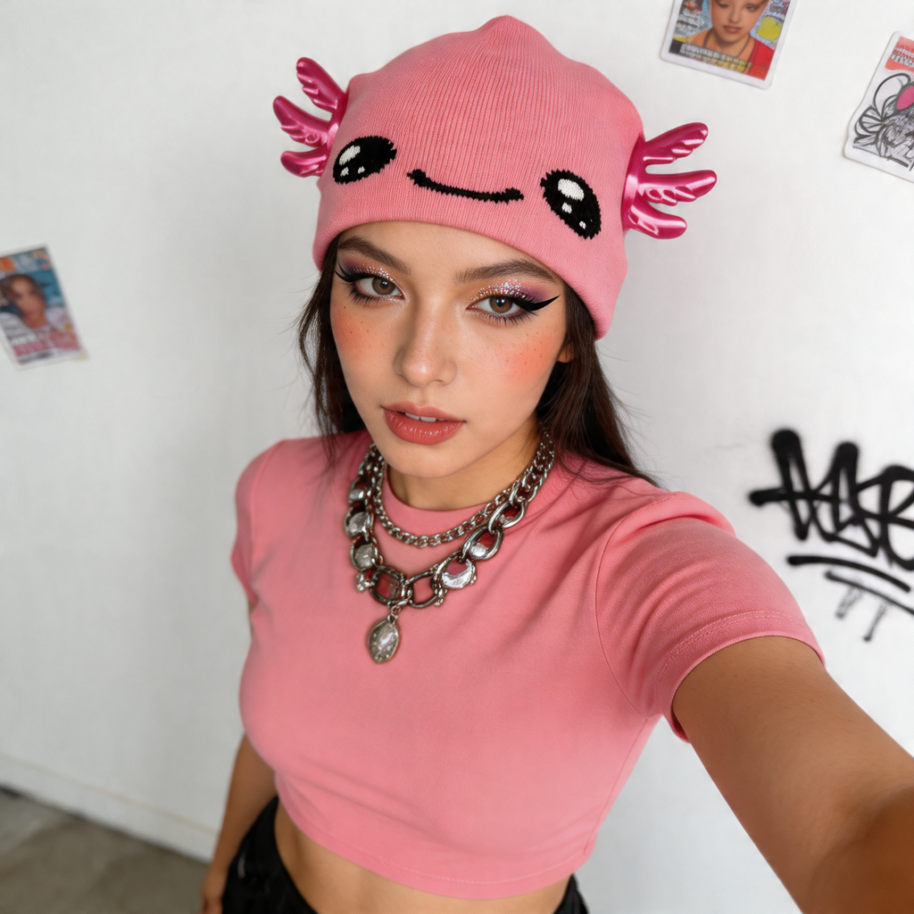 Person wearing a pink beanie with axolotl design and matching pink top, standing against a white wall.