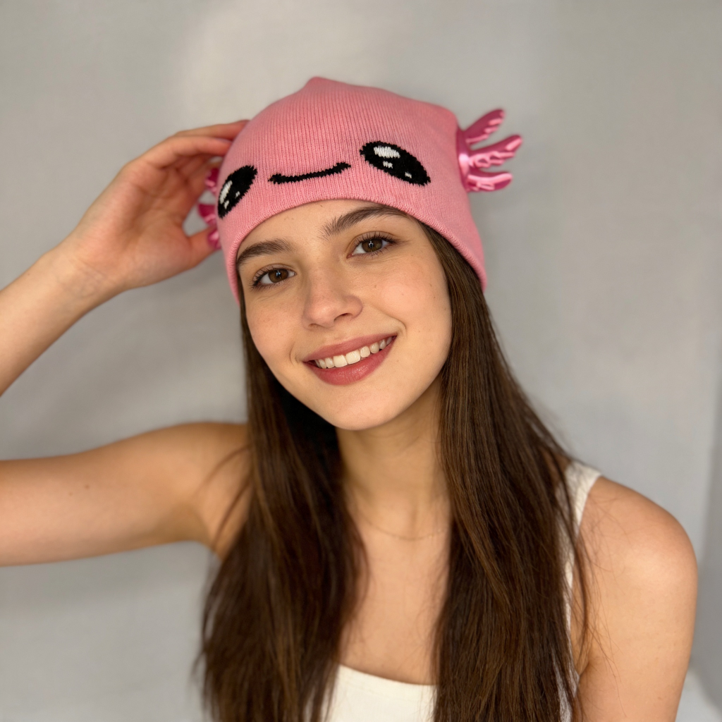 Person wearing a pink knitted hat with cartoon face design against a plain background