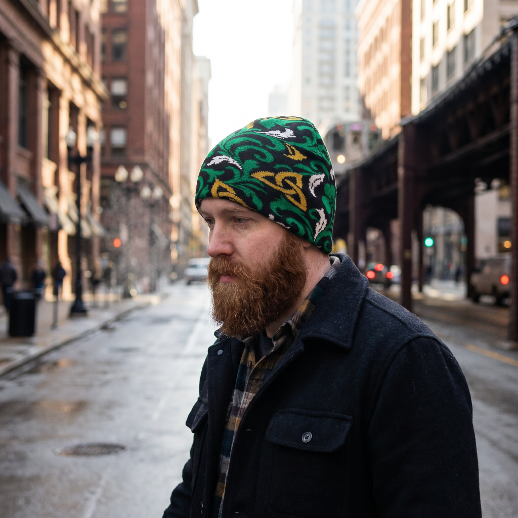 Man wearing a celtic knit beanie on a city street