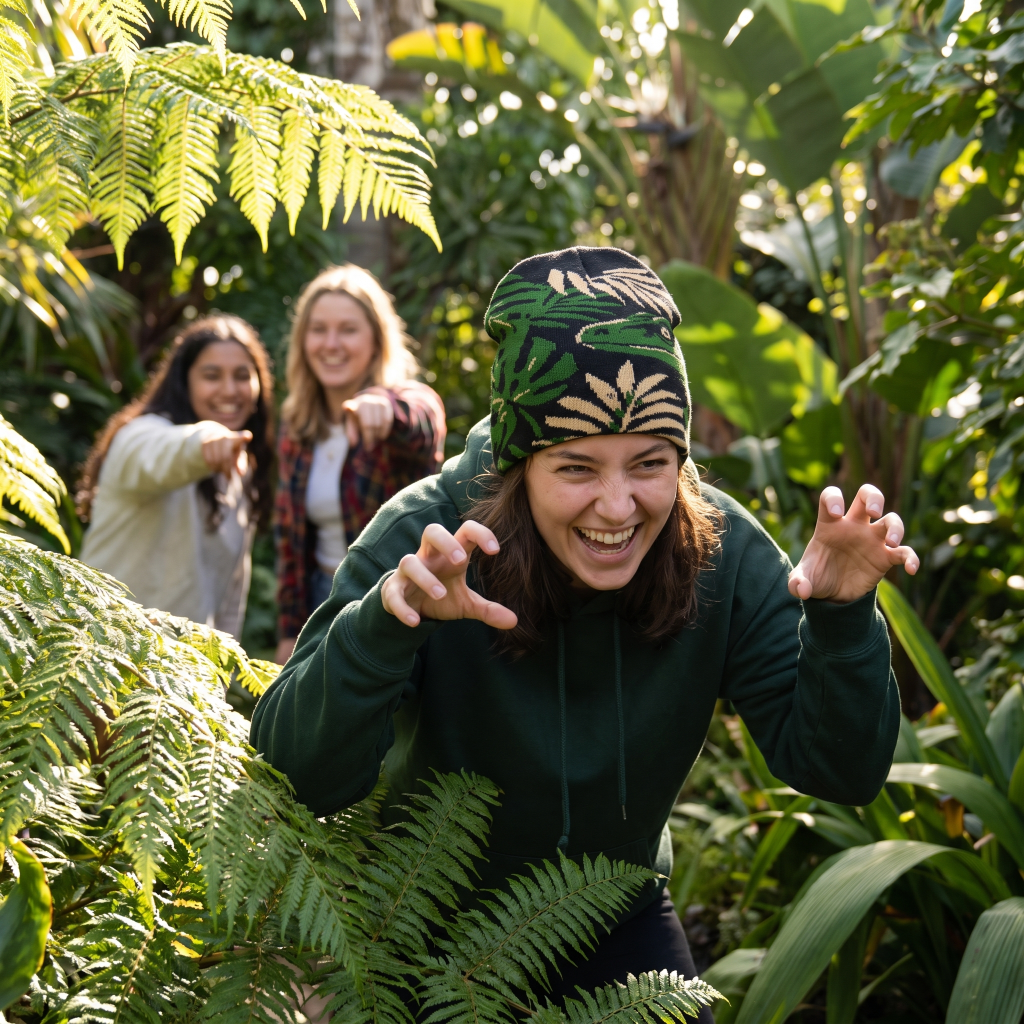 A woman in a dark green hoodie and a green beanie with a leaf pattern smiles while crouching among lush green ferns, with two other women playfully pointing in the background.