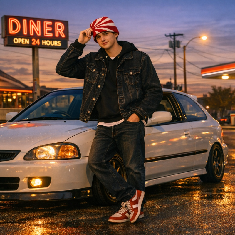 Person leaning against a white car at a gas station with a diner in the background.