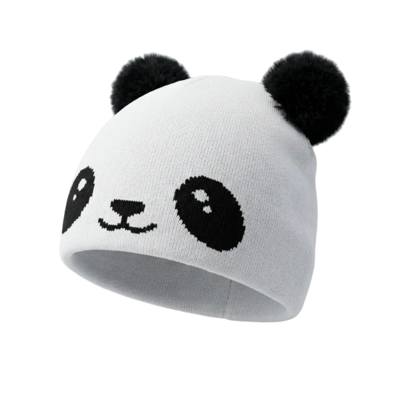 White beanie with panda face design on a gray background
