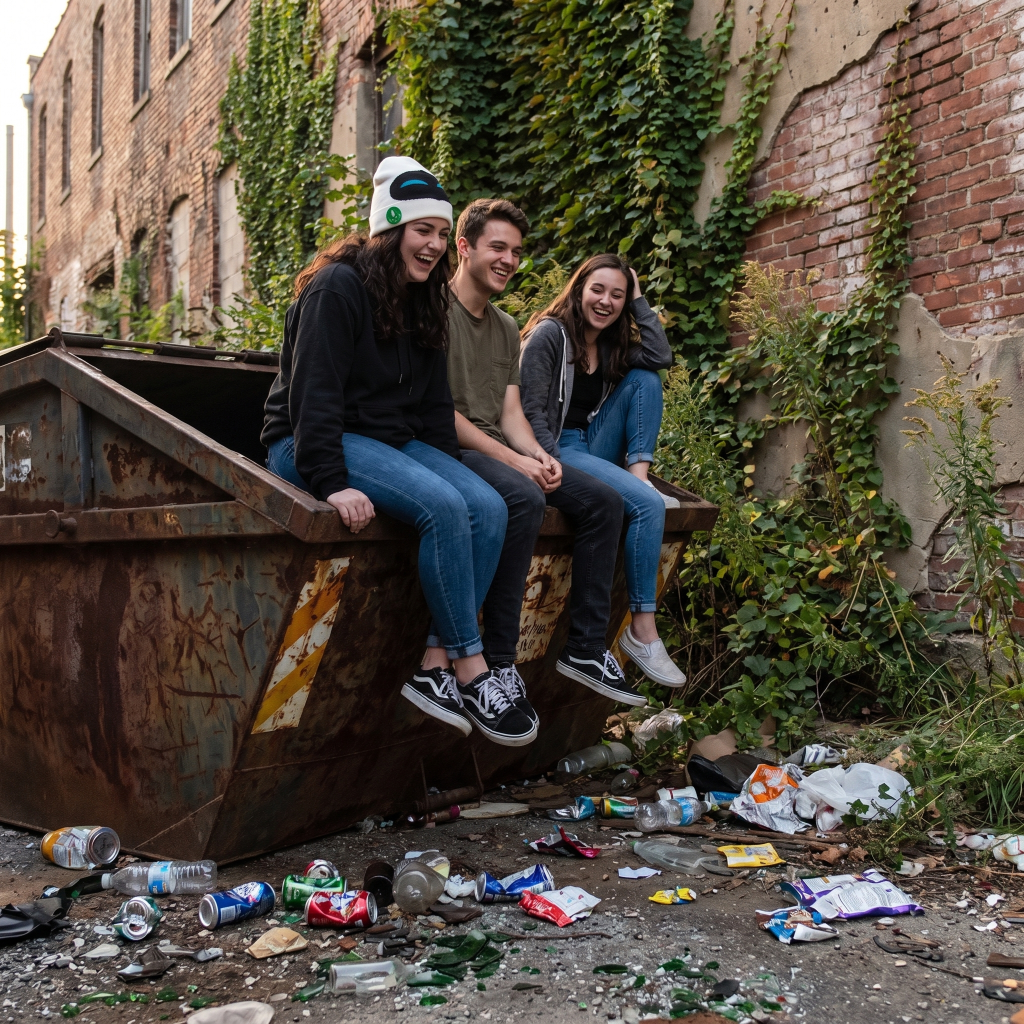 Three people sitting on a dumpster with trash around them, in front of an overgrown building.