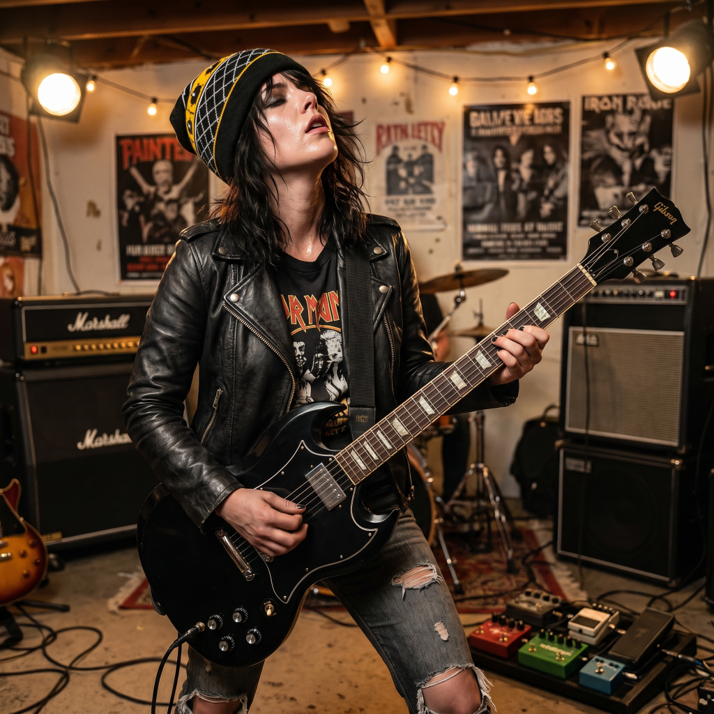 Woman playing electric guitar