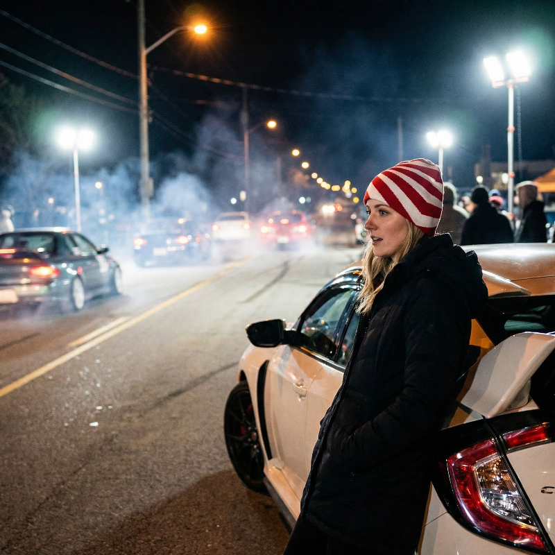 Woman standing next to a car on a street at night with traffic in the background