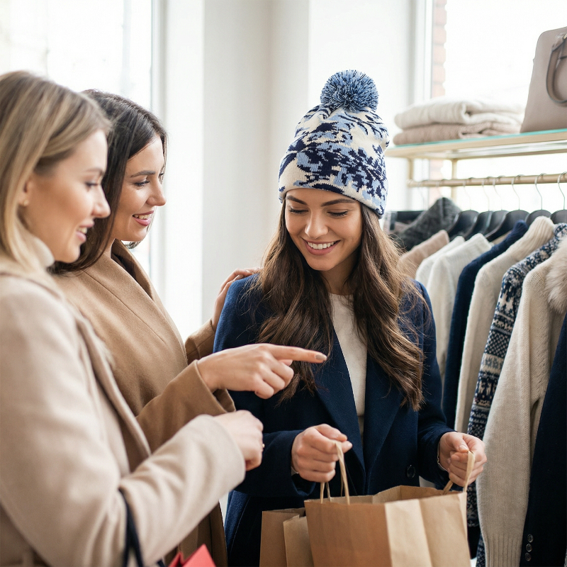 Three women shopping in a clothing store, looking at a hat and smiling.