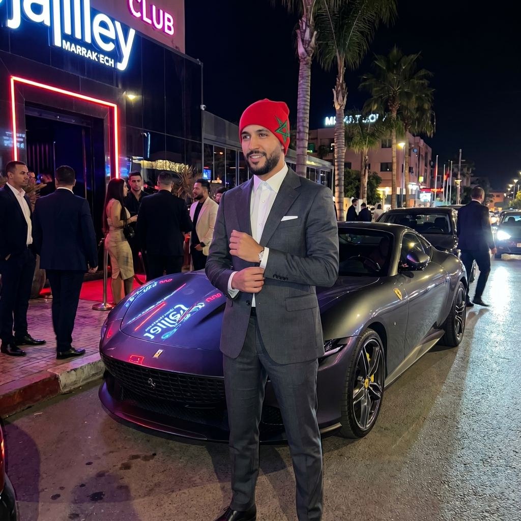 Man in a suit and red cap standing next to a luxury car at a nighttime event.