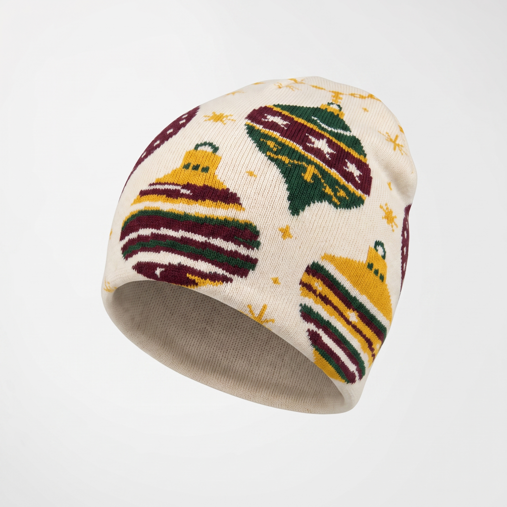 A knit beanie hat featuring a festive Christmas ornament pattern in maroon, green, and yellow on a cream background, with a solid cream ribbed cuff.