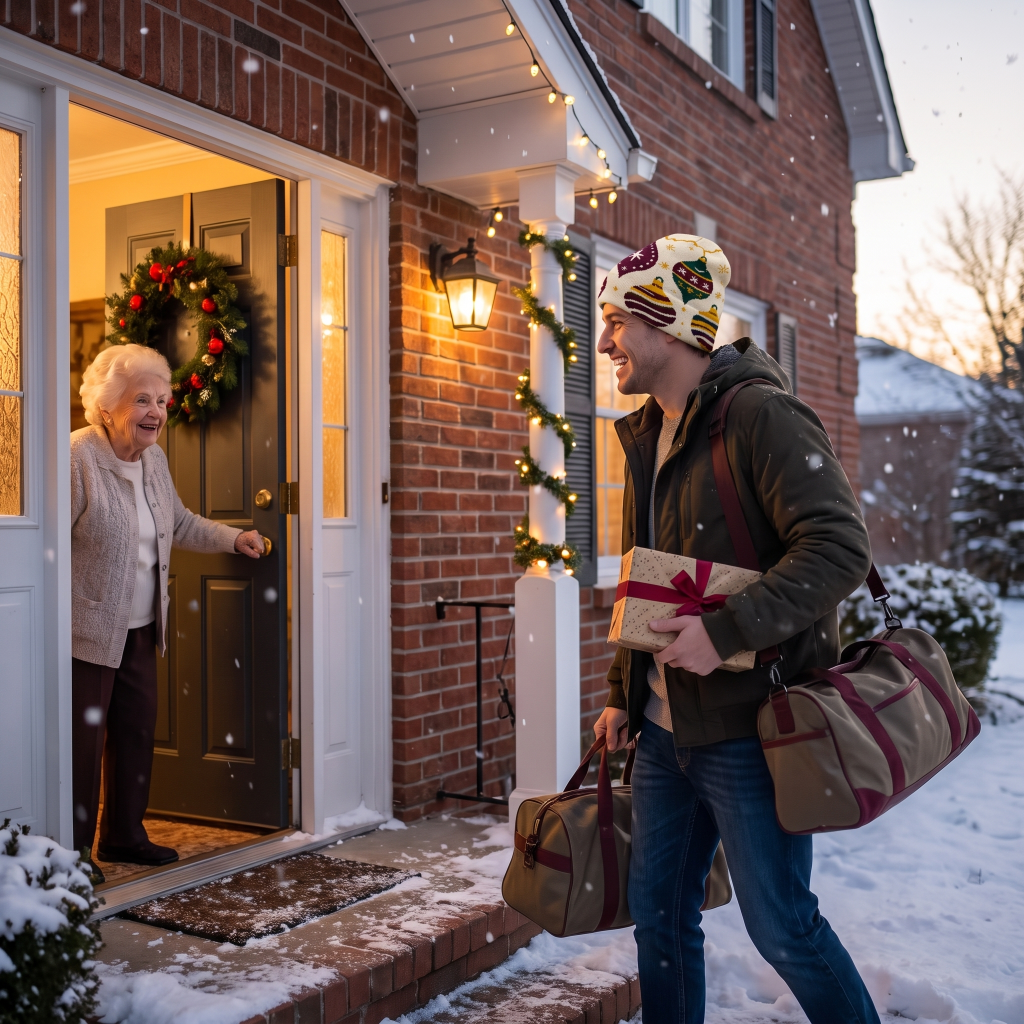 A man in a snowy winter scene walks up to a brick house door, carrying duffel bags and a wrapped gift while an older woman opens the door from inside. The house has a wreath, porch lights, and snow on the ground.