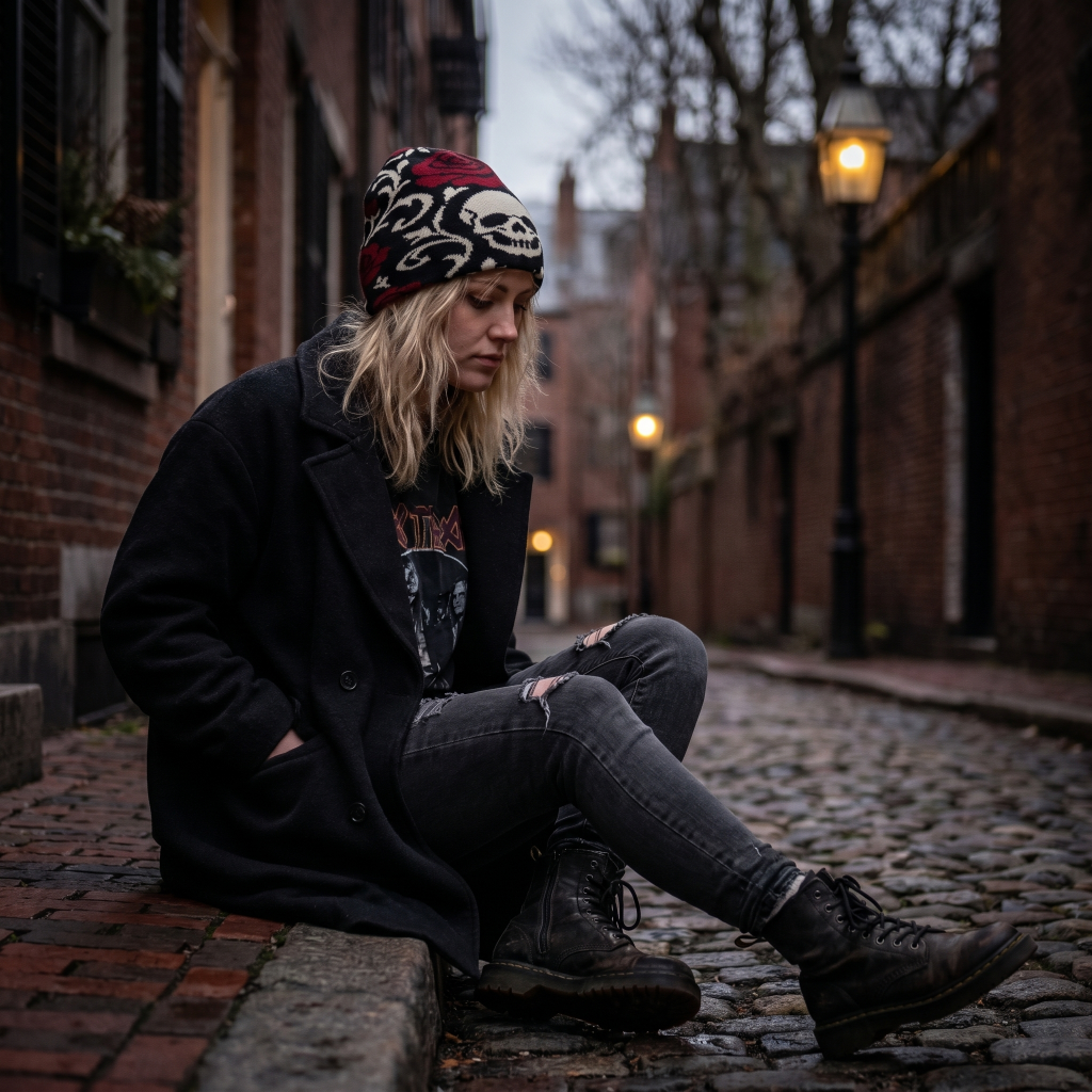 Person sitting on a cobblestone street wearing a coat and beanie.