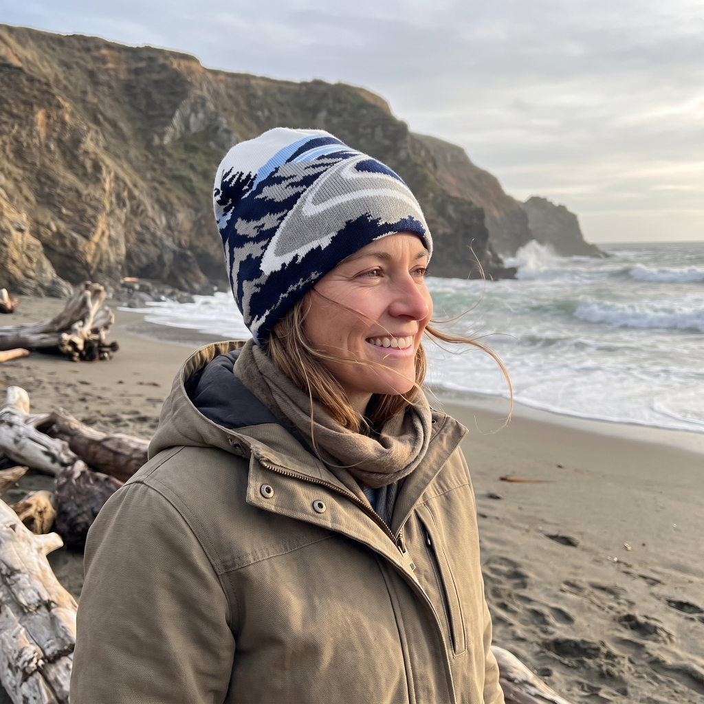 A woman smiling on a beach wearing a navy, white, and gray patterned knit beanie and a tan hooded jacket, with ocean waves and rocky cliffs in the background.