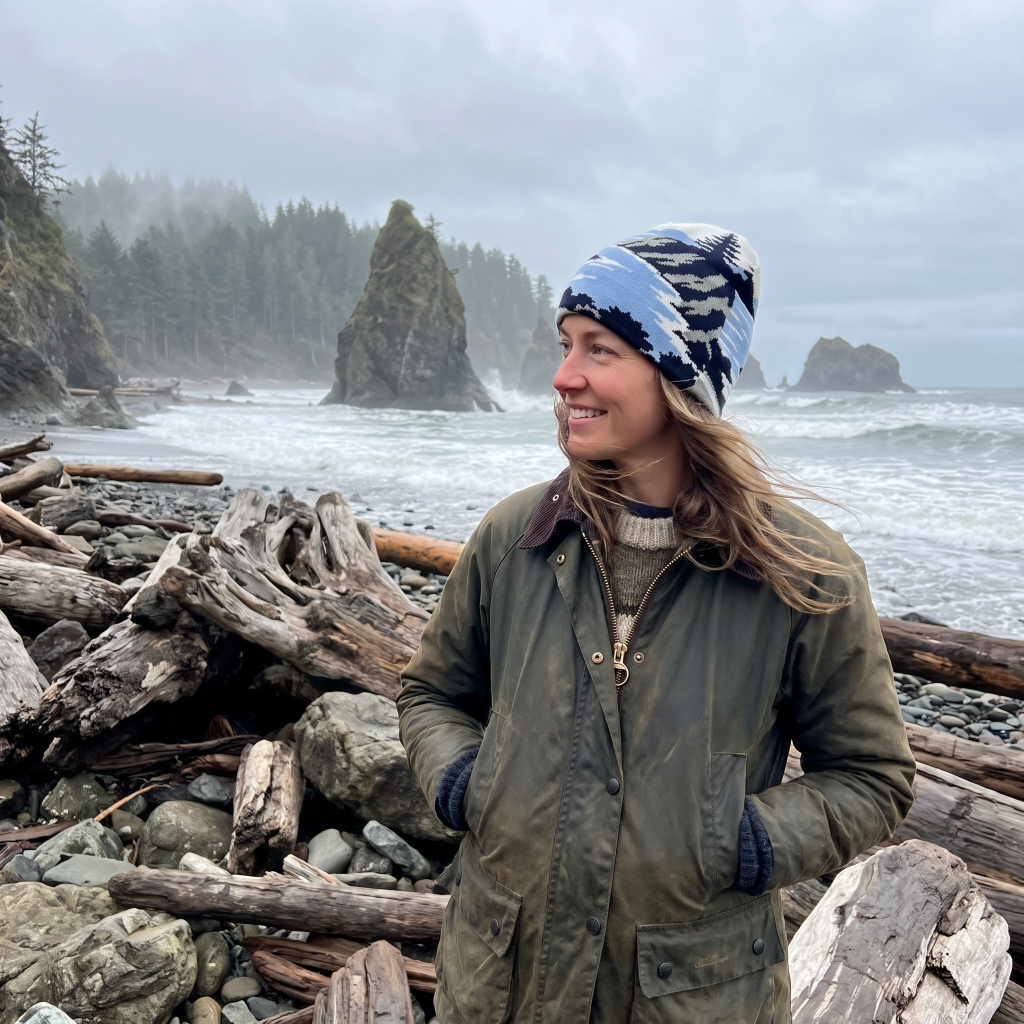 A woman standing on a rocky beach with driftwood logs in the foreground and sea stacks under a cloudy sky in the background. She is wearing an olive green jacket and a blue and white patterned knit beanie.