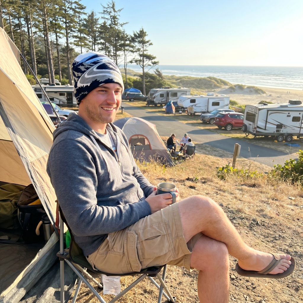 A smiling man sits in a folding camp chair at a beach campground, wearing a blue and white patterned beanie, gray hoodie, and khaki shorts, holding a metal mug. Tents, campers, trees, and ocean are visible in the background.
