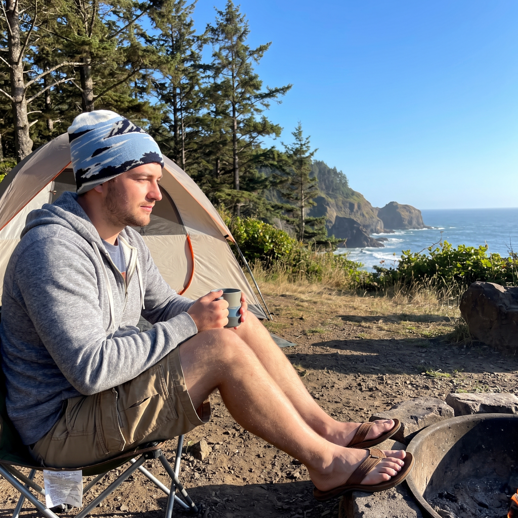 A man sits in a folding camp chair beside a tent at a coastal campsite, holding a mug. Trees, ocean, and rocky cliffs are visible in the background under a clear blue sky.