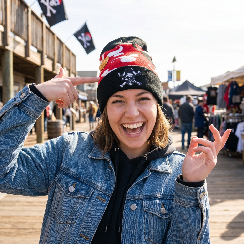 Person wearing a denim jacket and colorful beanie with pirate-themed designs, outdoors.