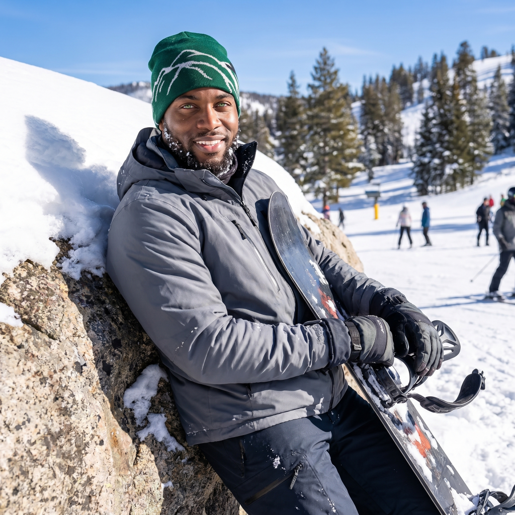 Person in snowboard beanie holding a snowboard on a snowy mountain