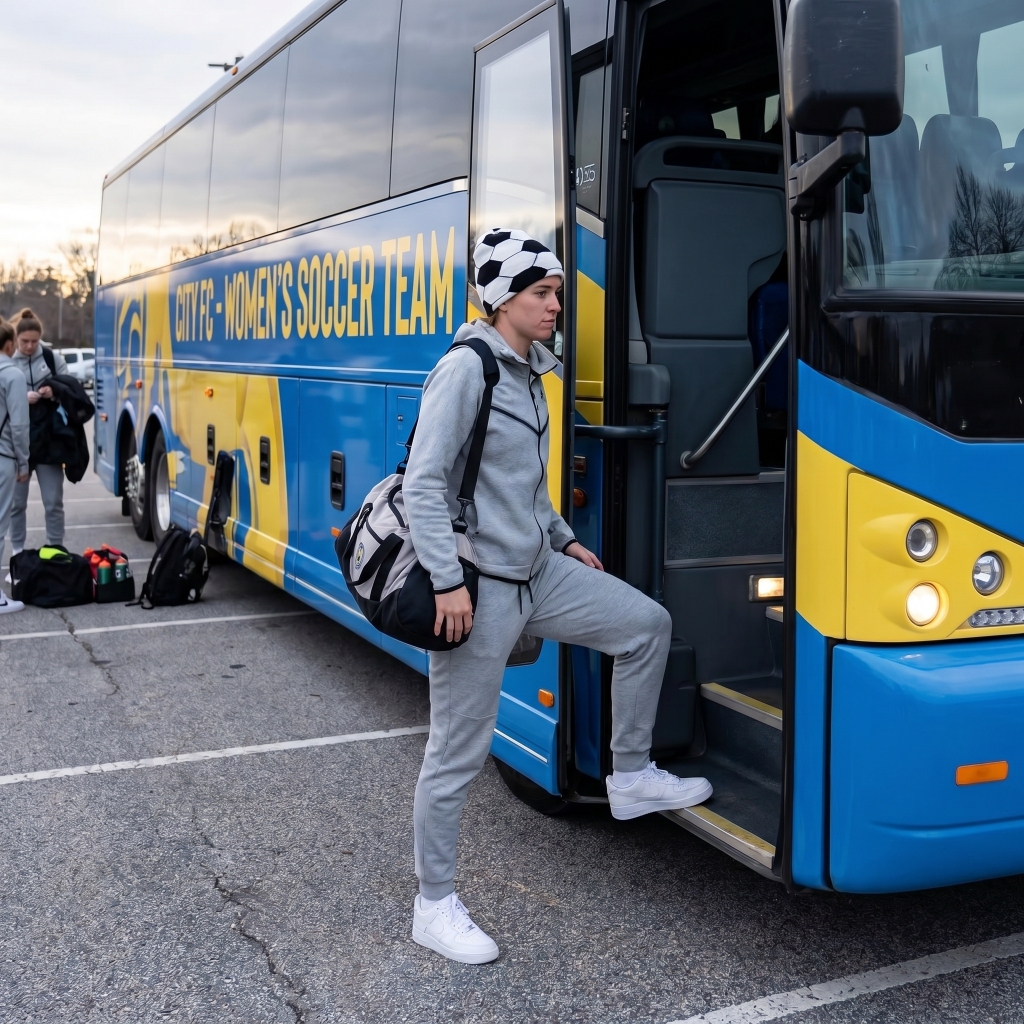 Person boarding a blue and yellow bus with 'City Women's Soccer Team' branding.