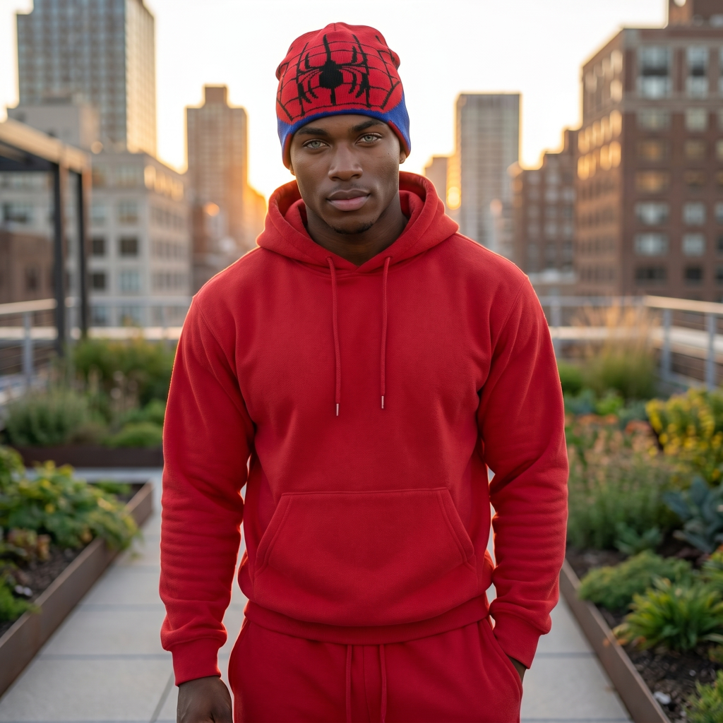 Person wearing a red Spider-Man beanie and hoodie on a rooftop with cityscape background