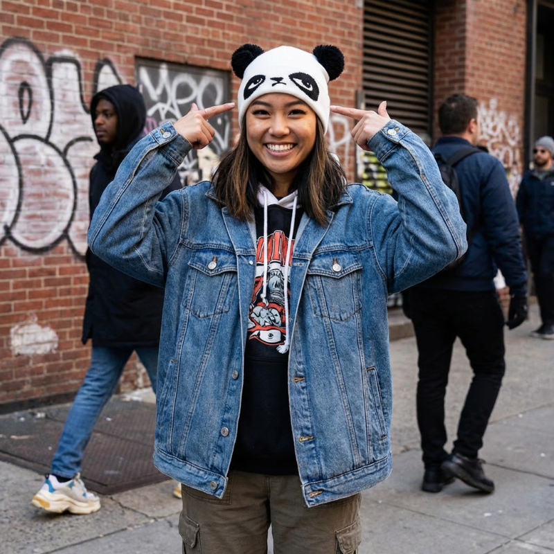 Person wearing a denim jacket and panda hat in an urban setting with graffiti.