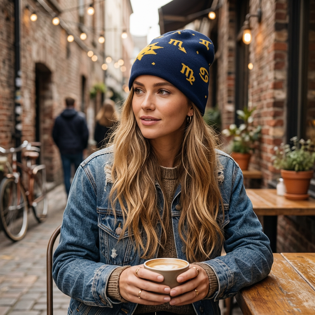 Woman wearing a blue denim jacket and beanie, holding a coffee cup in an urban setting.