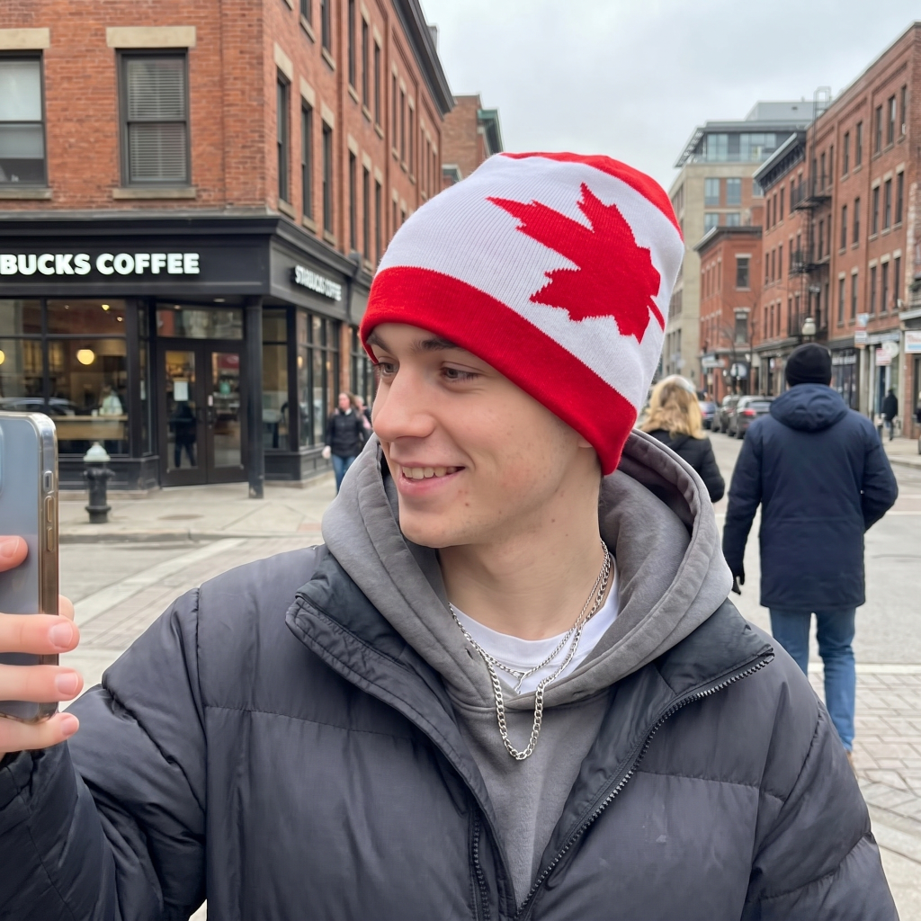 Person wearing a red and white beanie with a maple leaf design on a city street.