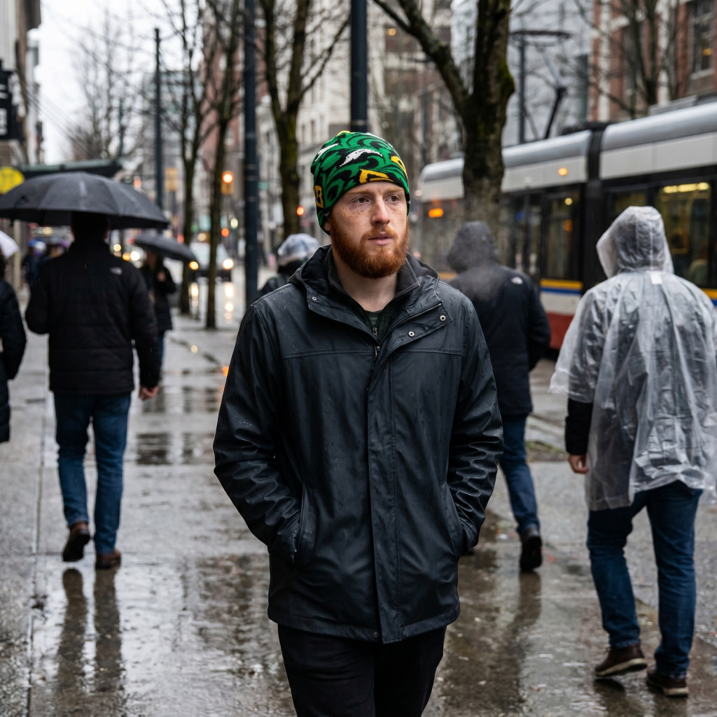 Man wearing a black raincoat and green beanie walking on a rainy city street.