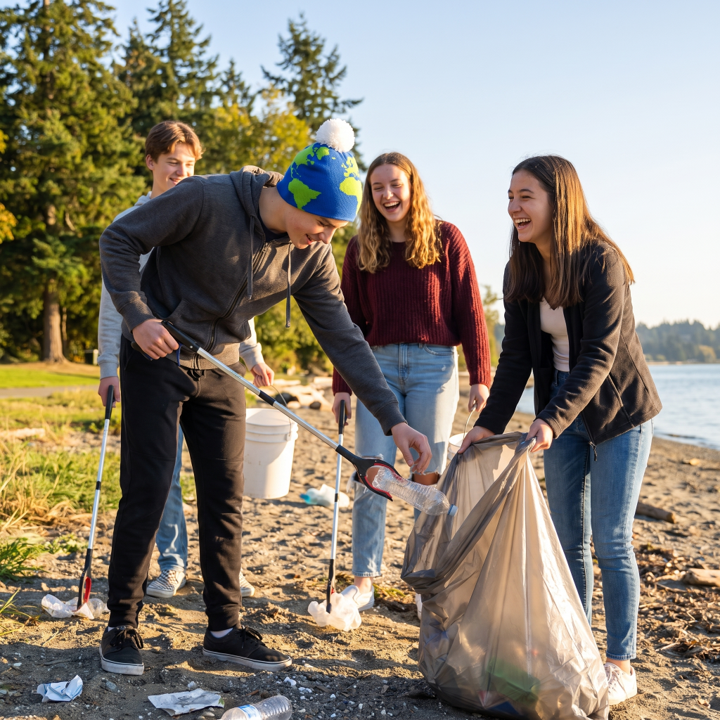 People on beach picking up trash, one wearing earth beanie