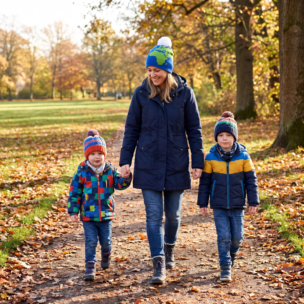 woman walking with 2 children all wearing beanies