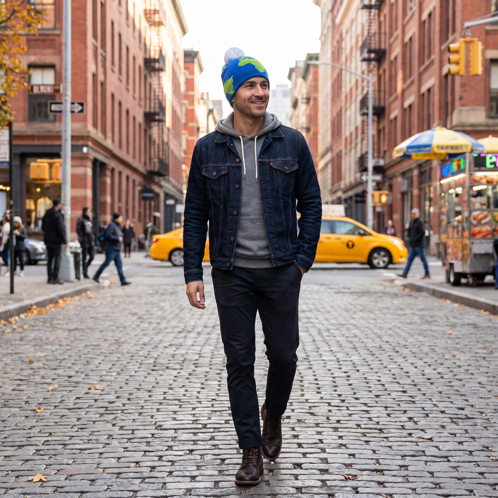 man wearing earth beanie on city street