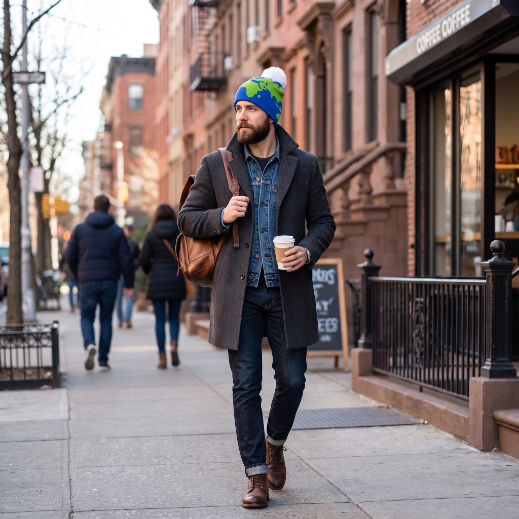 man holding coffee wearing globe beanie