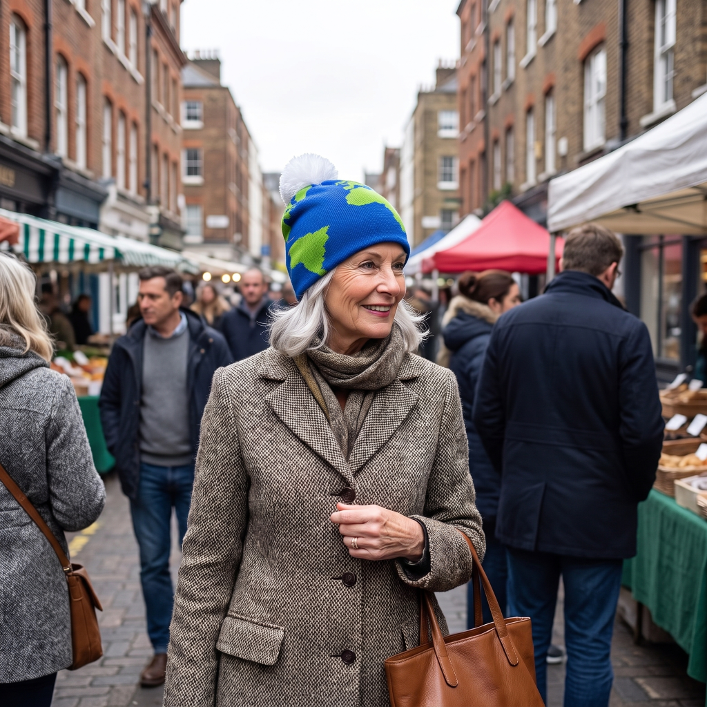 Woman in market wearing globe beanie and tweed jacket