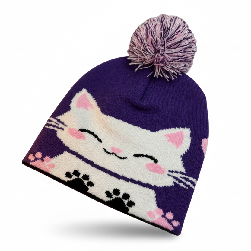 Purple knit beanie with a cat design and pink pom-pom on a white background