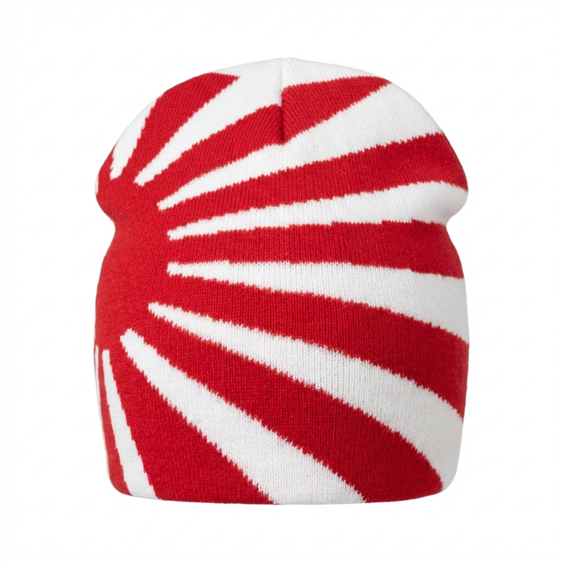 Red and white striped beanie on a white background