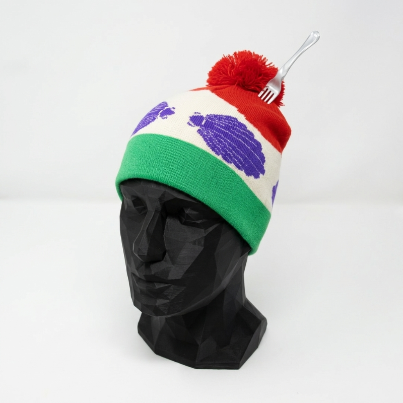 Colorful beanie with a red pom-pom on a black mannequin head against a white background