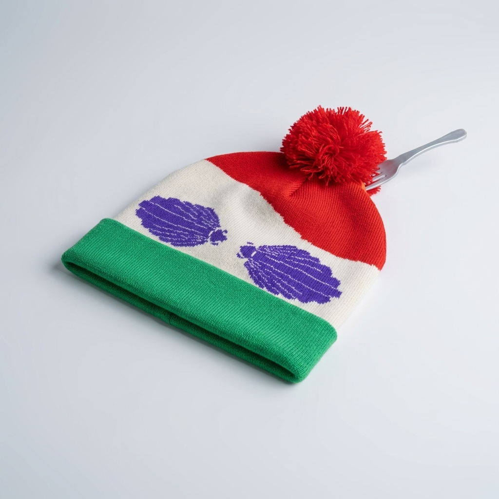 Colorful beanie with purple cloud designs on a white background
