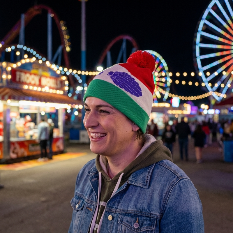 Person wearing a colorful beanie with a festive atmosphere at night, including lights and rides.