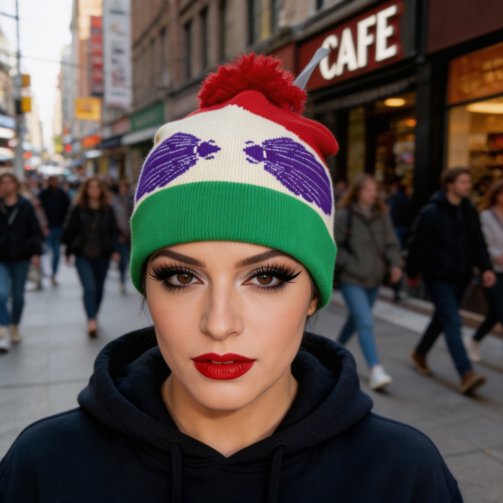 Woman wearing a colorful beanie with a city street background