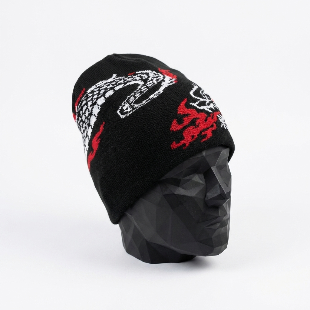 Black beanie with red and white designs on a mannequin head against a white background