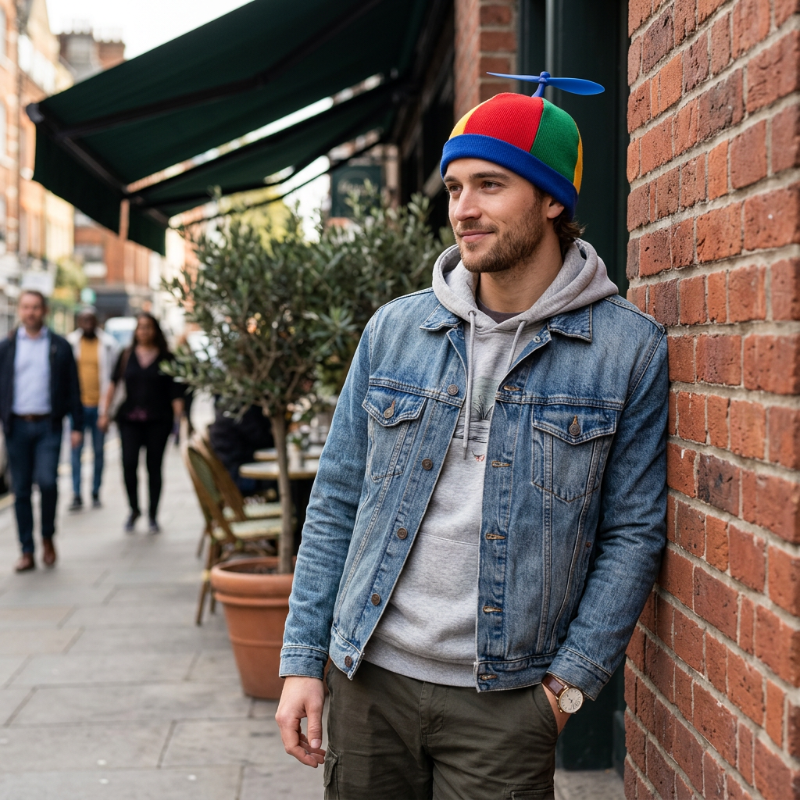 Man wearing a colorful beanie and denim jacket leaning against a brick wall on a city street.