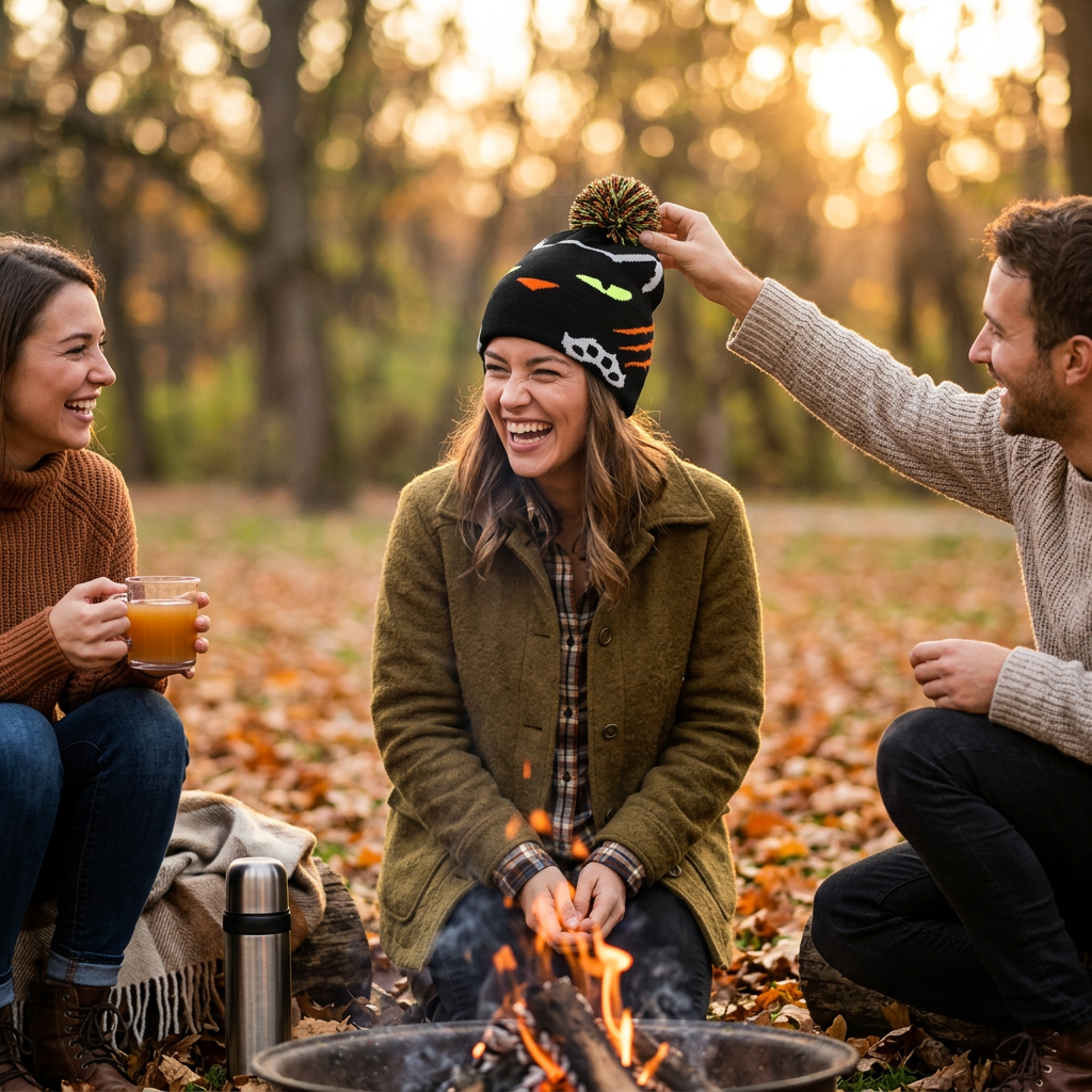 Three people sitting around a campfire in a forest during autumn, with one person adjusting another's hat.