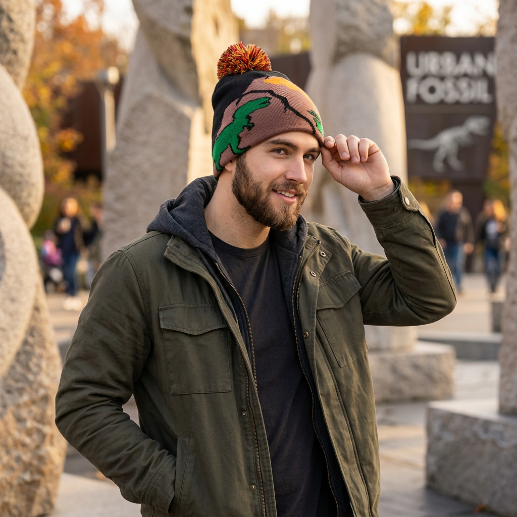 Man wearing a colorful beanie with a dinosaur design, standing in an outdoor setting.
