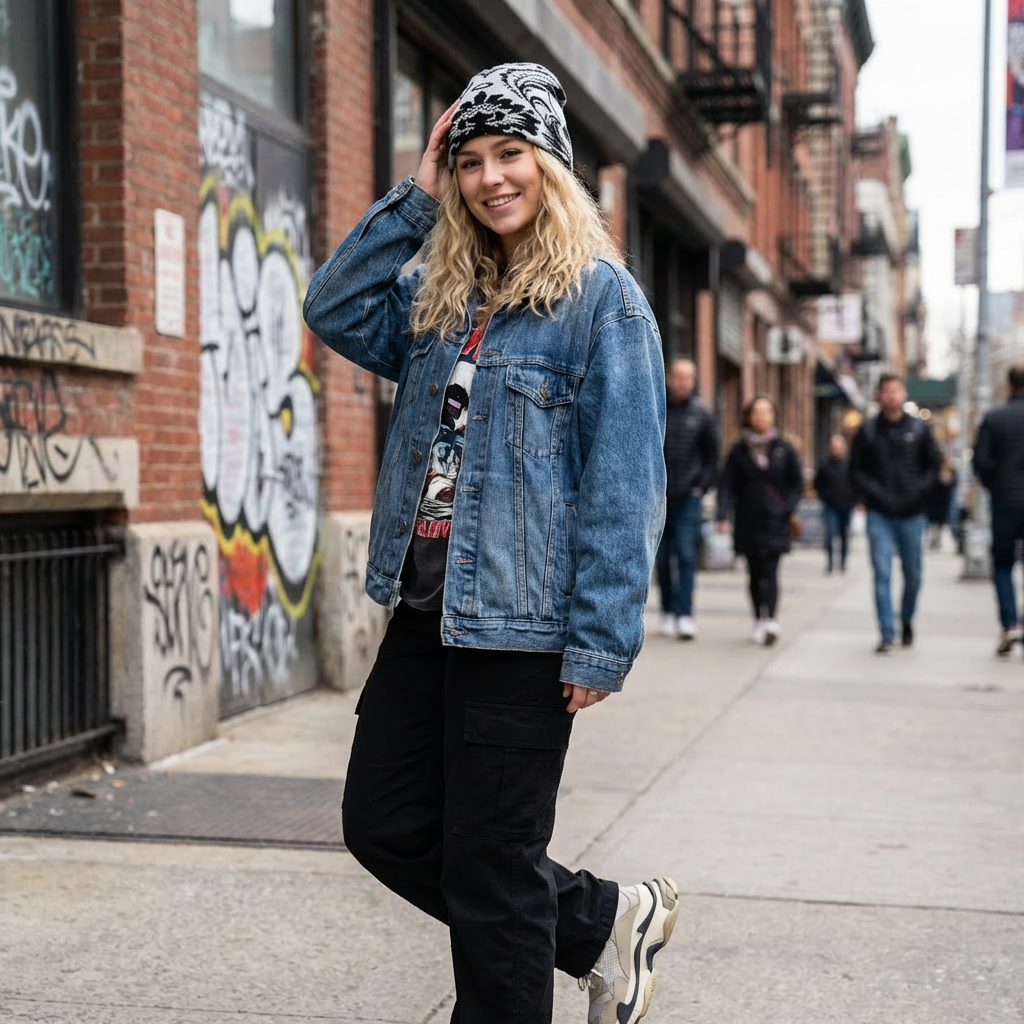 Person wearing a denim jacket and black pants on a city street with graffiti.