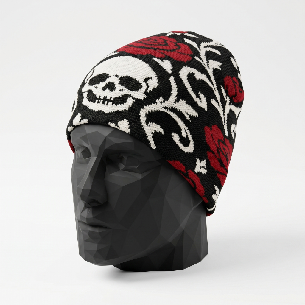 Skull and rose patterned beanie on a mannequin head against a white background