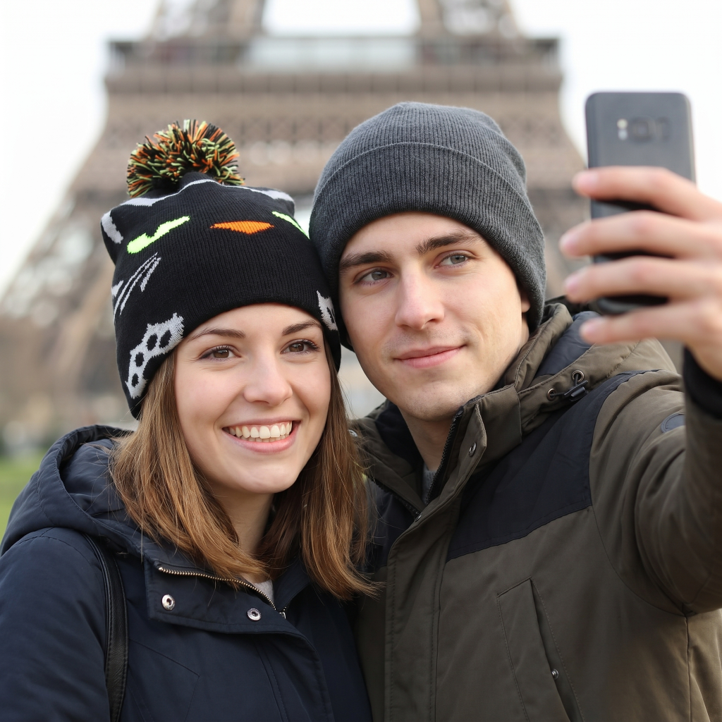 couple taking selfie in front of eiffel tower