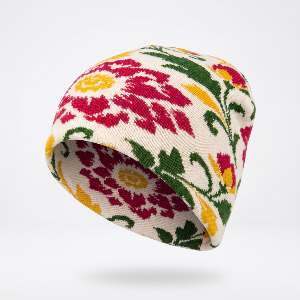 Colorful floral-patterned beanie on a white background